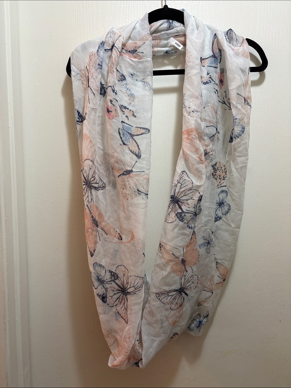 Ardene Butterfly Print Infinity Scarf - Peach & Navy on White